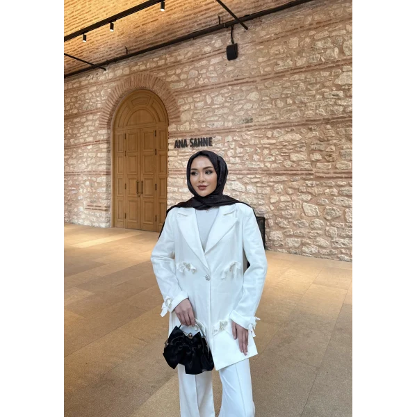Kurdele Detaylı Kot Ceket - Beyaz