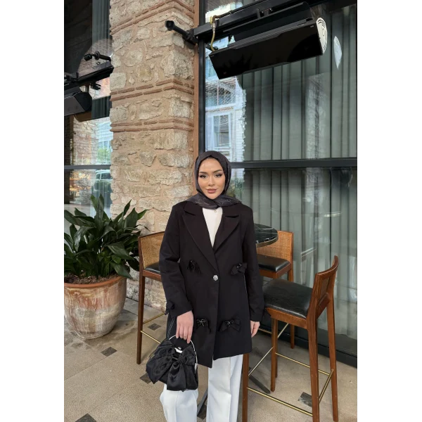 Kurdele Detaylı Kot Ceket - Siyah