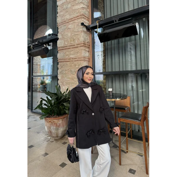 Kurdele Detaylı Kot Ceket - Siyah