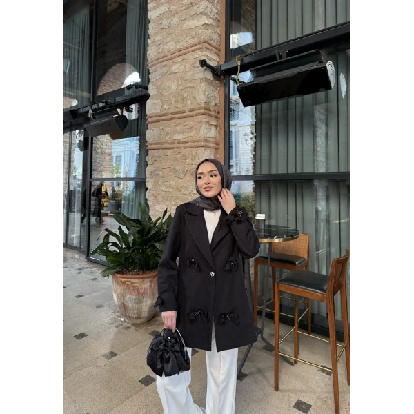 Kurdele Detaylı Kot Ceket - Siyah