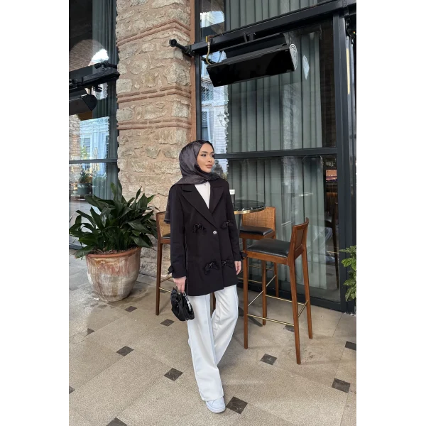 Kurdele Detaylı Kot Ceket - Siyah