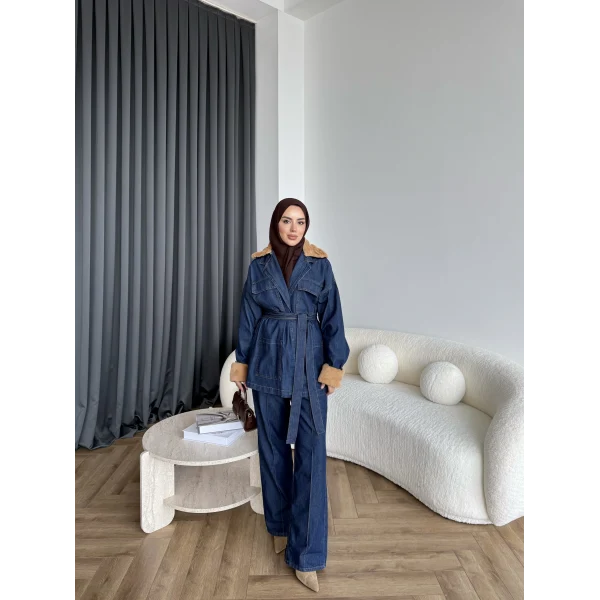 Kürk Detaylı Kot Takım