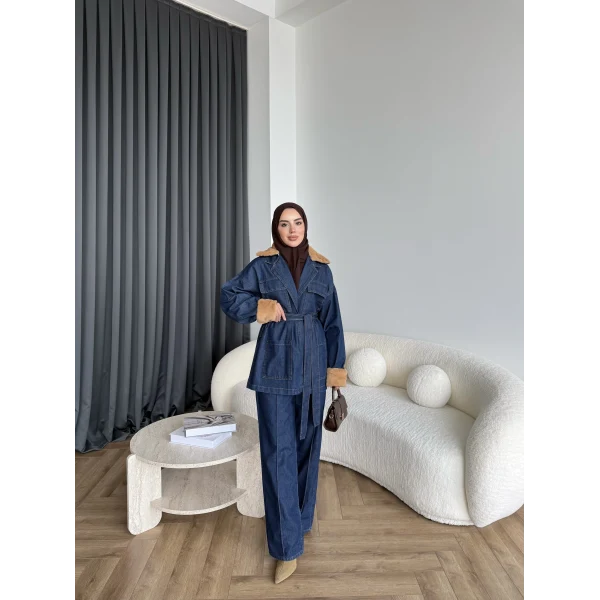 Kürk Detaylı Kot Takım