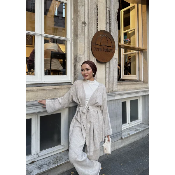 Kuşaklı Triko Takım - Bej