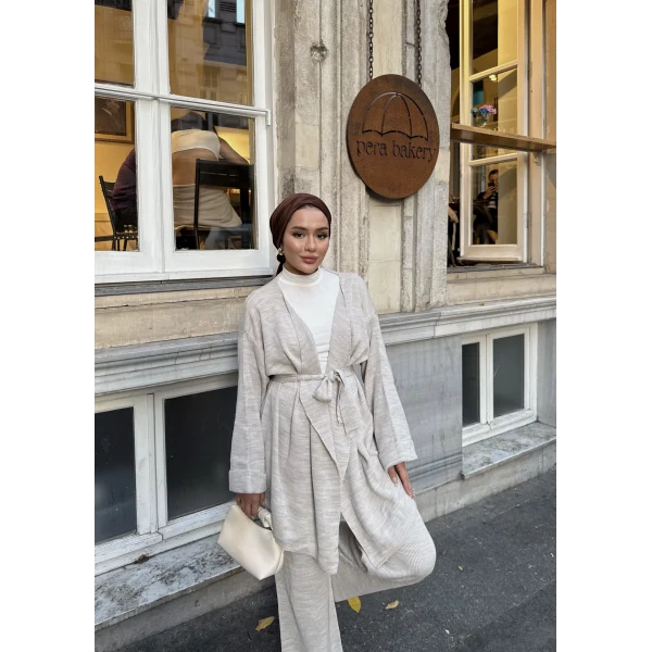 Kuşaklı Triko Takım - Bej