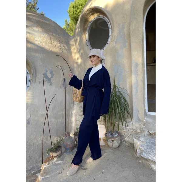 Kuşaklı Triko Takım - Lacivert