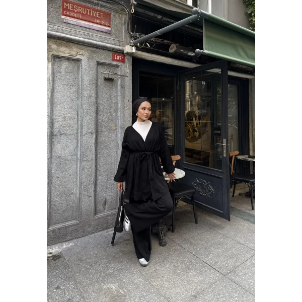 Kuşaklı Triko Takım - Siyah