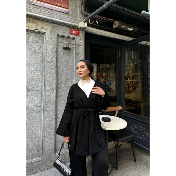 Kuşaklı Triko Takım - Siyah