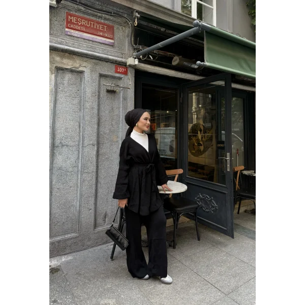 Kuşaklı Triko Takım - Siyah