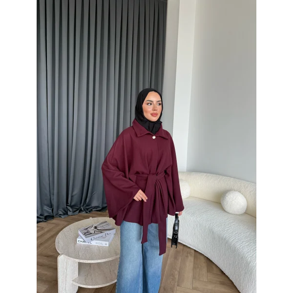 Laylan Ön Gold Düğmeli Panço - Bordo