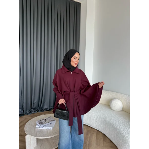 Laylan Ön Gold Düğmeli Panço - Bordo