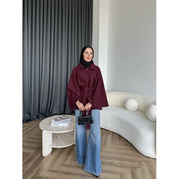 Laylan Ön Gold Düğmeli Panço - Bordo