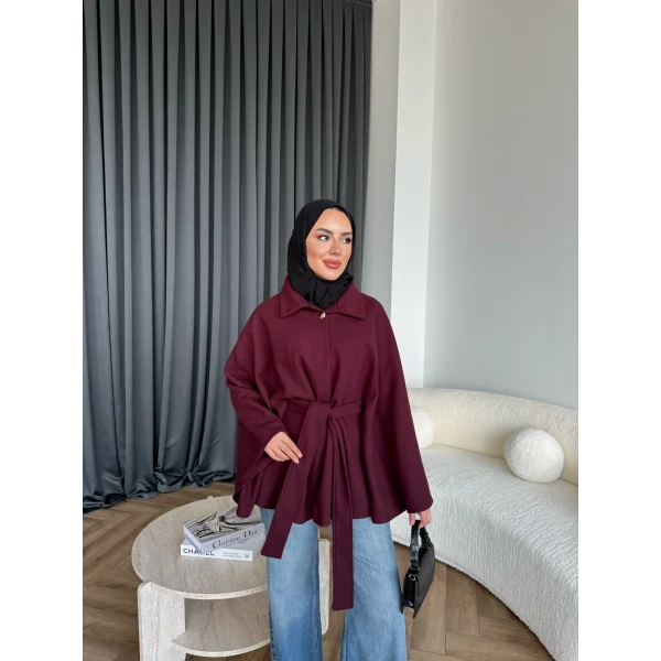 Laylan Ön Gold Düğmeli Panço - Bordo