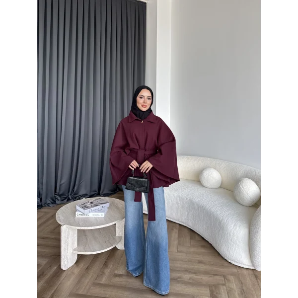 Laylan Ön Gold Düğmeli Panço - Bordo