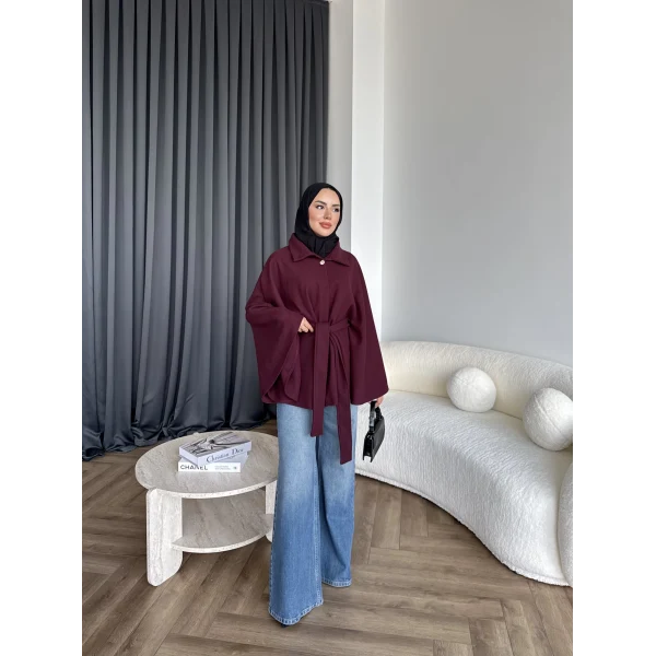 Laylan Ön Gold Düğmeli Panço - Bordo
