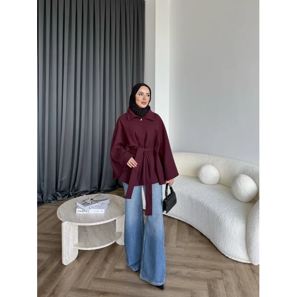 Laylan Ön Gold Düğmeli Panço - Bordo