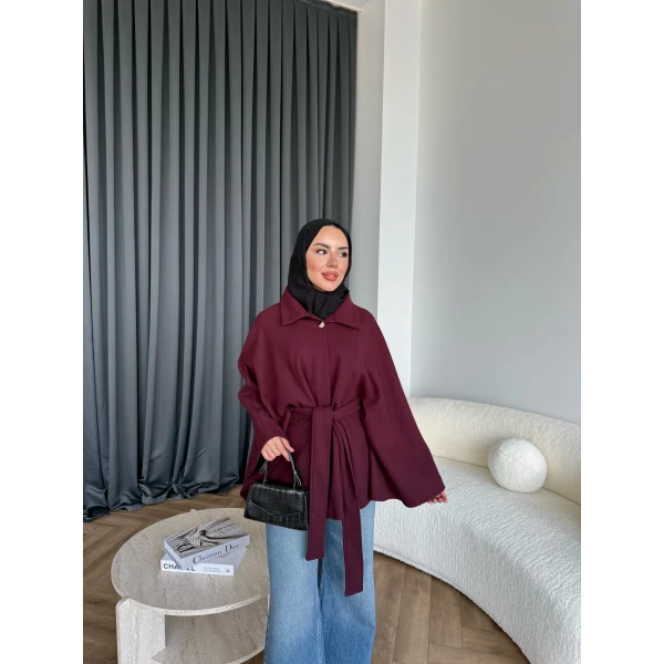 Laylan Ön Gold Düğmeli Panço - Bordo