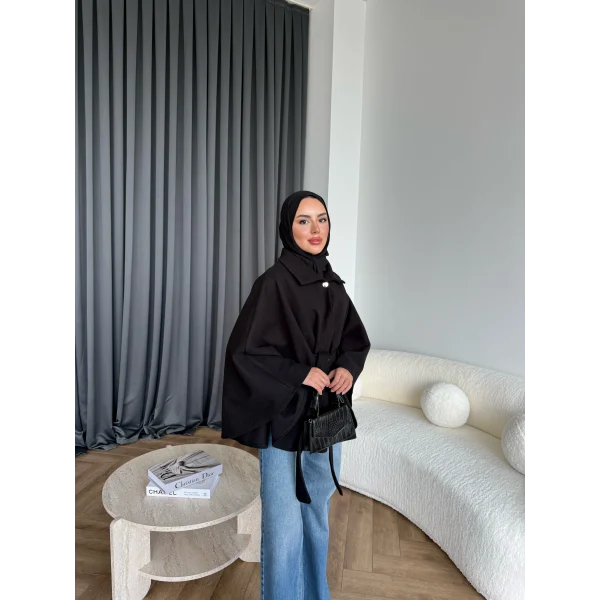 Laylan Ön Gold Düğmeli Panço - Siyah