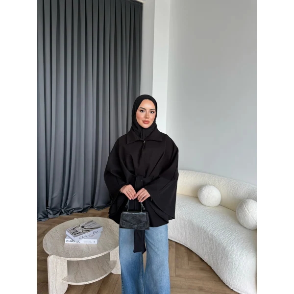 Laylan Ön Gold Düğmeli Panço - Siyah