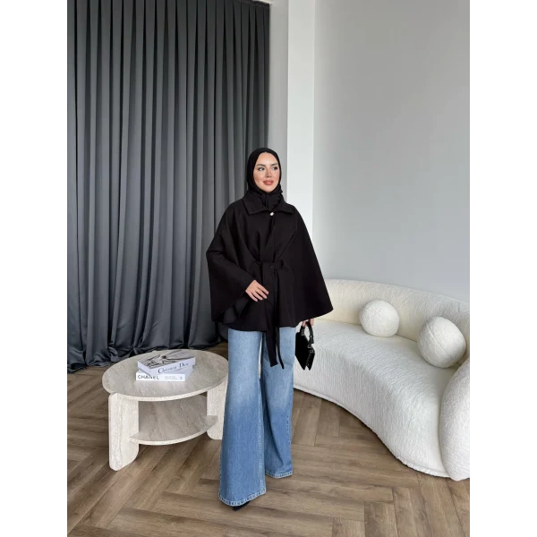 Laylan Ön Gold Düğmeli Panço - Siyah