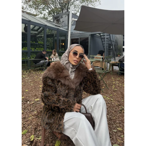 Leopar Desenli Alpaka Kürk - Kahverengi