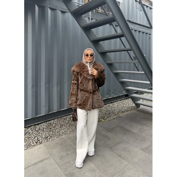 Leopar Desenli Alpaka Kürk - Kahverengi