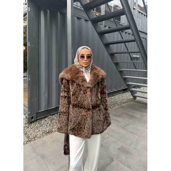 Leopar Desenli Alpaka Kürk - Kahverengi