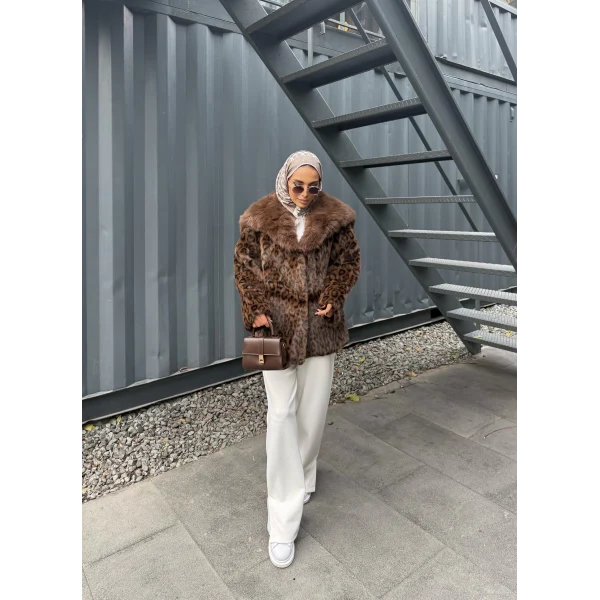 Leopar Desenli Alpaka Kürk - Kahverengi