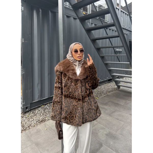 Leopar Desenli Alpaka Kürk - Kahverengi
