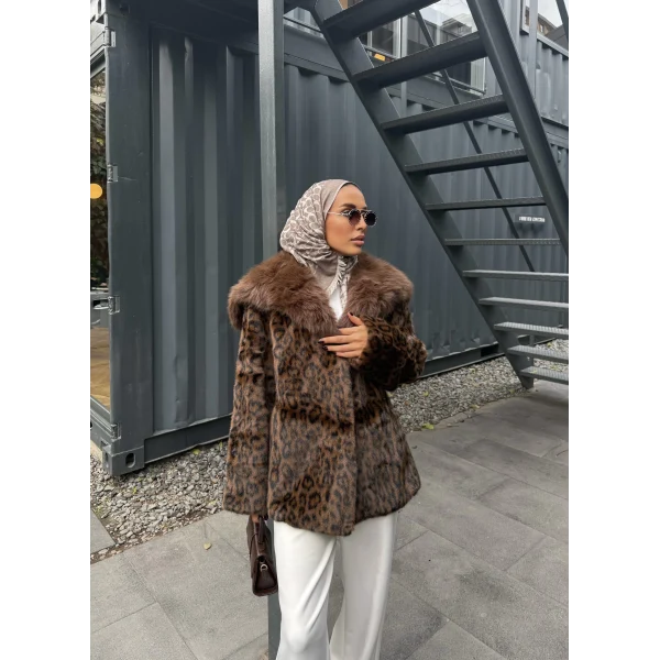 Leopar Desenli Alpaka Kürk - Kahverengi