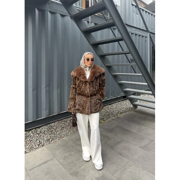 Leopar Desenli Alpaka Kürk - Kahverengi