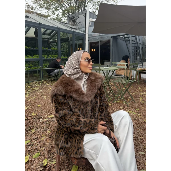 Leopar Desenli Alpaka Kürk - Kahverengi