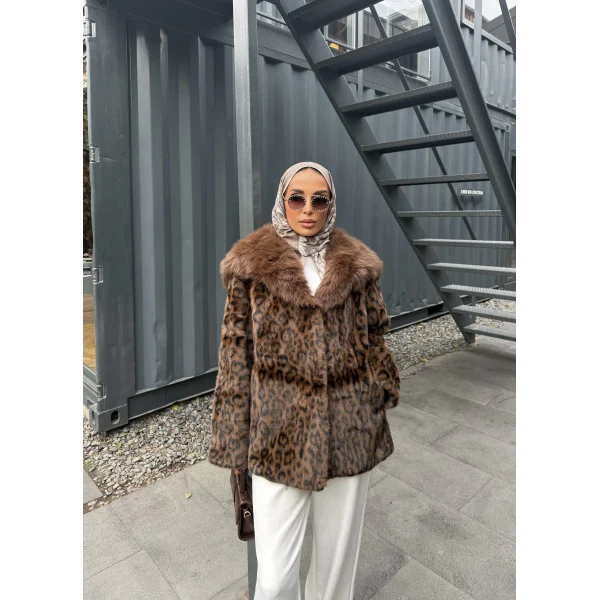 Leopar Desenli Alpaka Kürk - Kahverengi