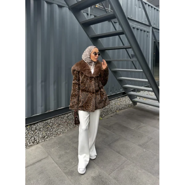 Leopar Desenli Alpaka Kürk - Kahverengi