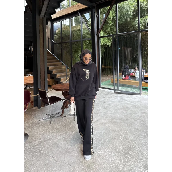 Leopar Detaylı 3 iplik Takım Siyah