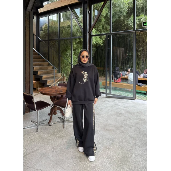 Leopar Detaylı 3 iplik Takım Siyah