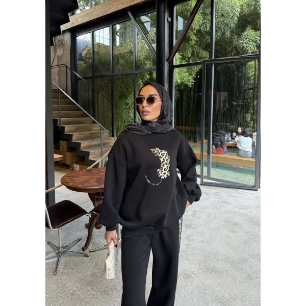 Leopar Detaylı 3 iplik Takım Siyah