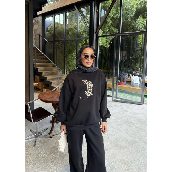 Leopar Detaylı 3 iplik Takım Siyah