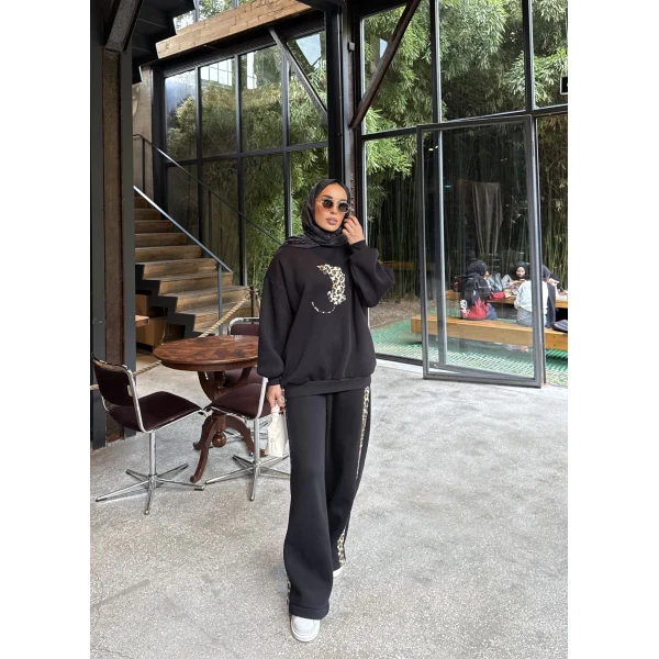 Leopar Detaylı 3 iplik Takım Siyah