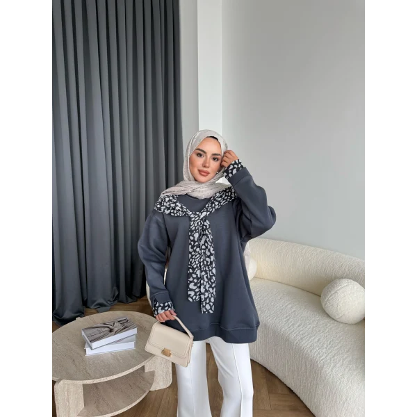 Leopar Fularlı Sweat - Antrasit