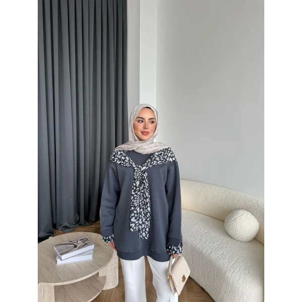 Leopar Fularlı Sweat - Antrasit