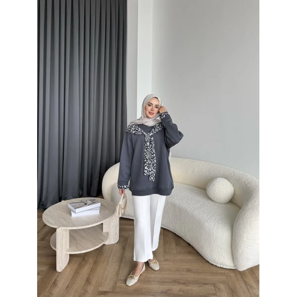 Leopar Fularlı Sweat - Antrasit