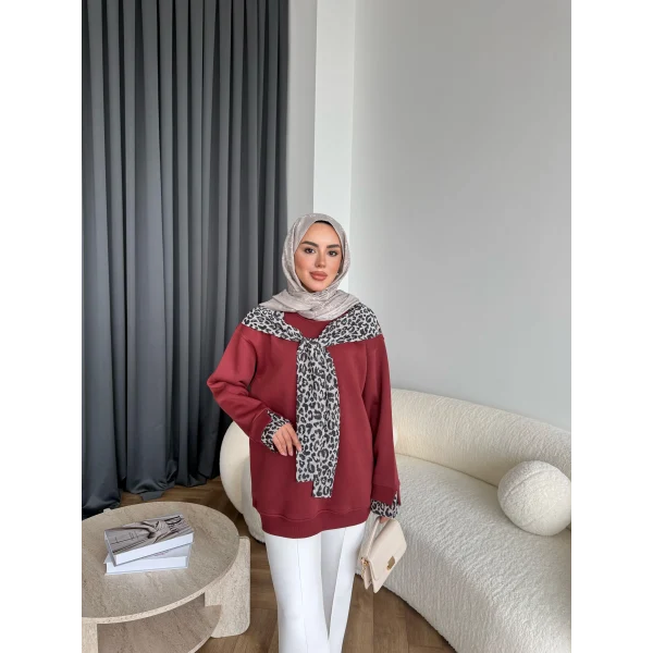 Leopar Fularlı Sweat - Bordo