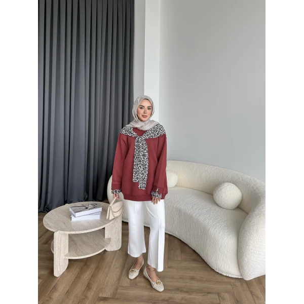 Leopar Fularlı Sweat - Bordo