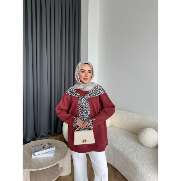 Leopar Fularlı Sweat - Bordo