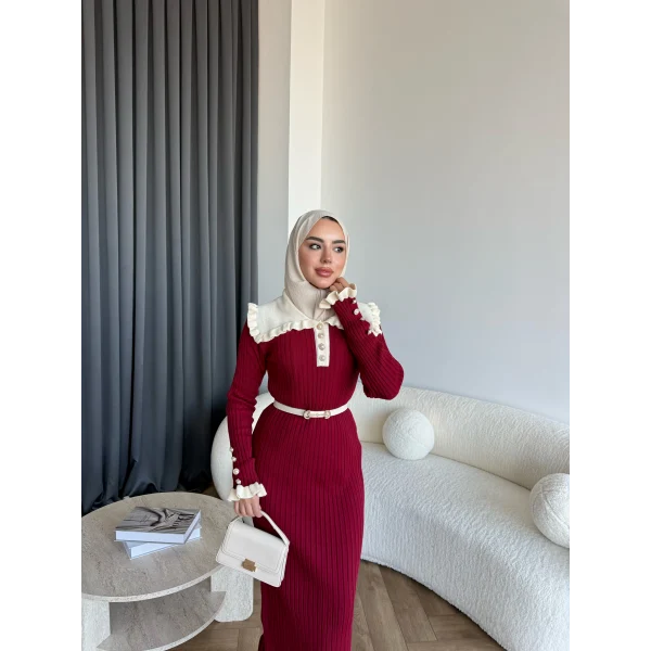 Lizge Yaka Detaylı Triko Elbise - Bordo