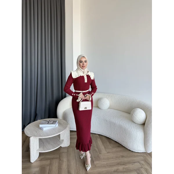 Lizge Yaka Detaylı Triko Elbise - Bordo