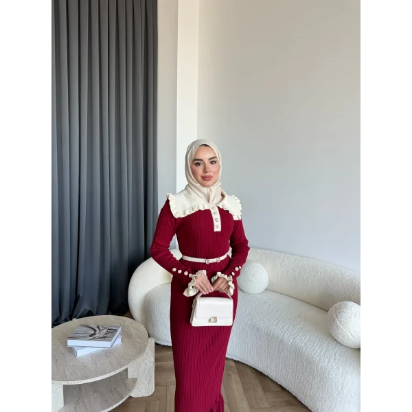 Lizge Yaka Detaylı Triko Elbise - Bordo
