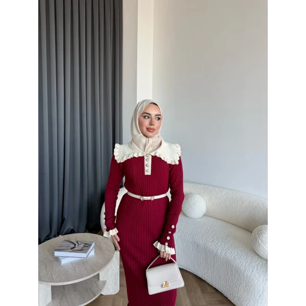 Lizge Yaka Detaylı Triko Elbise - Bordo