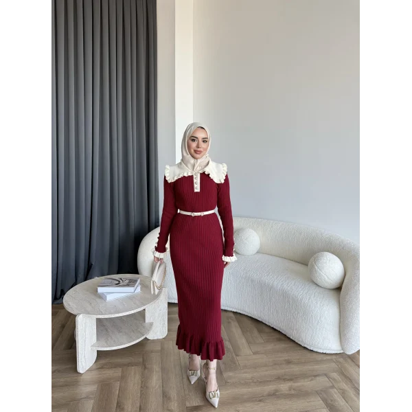 Lizge Yaka Detaylı Triko Elbise - Bordo